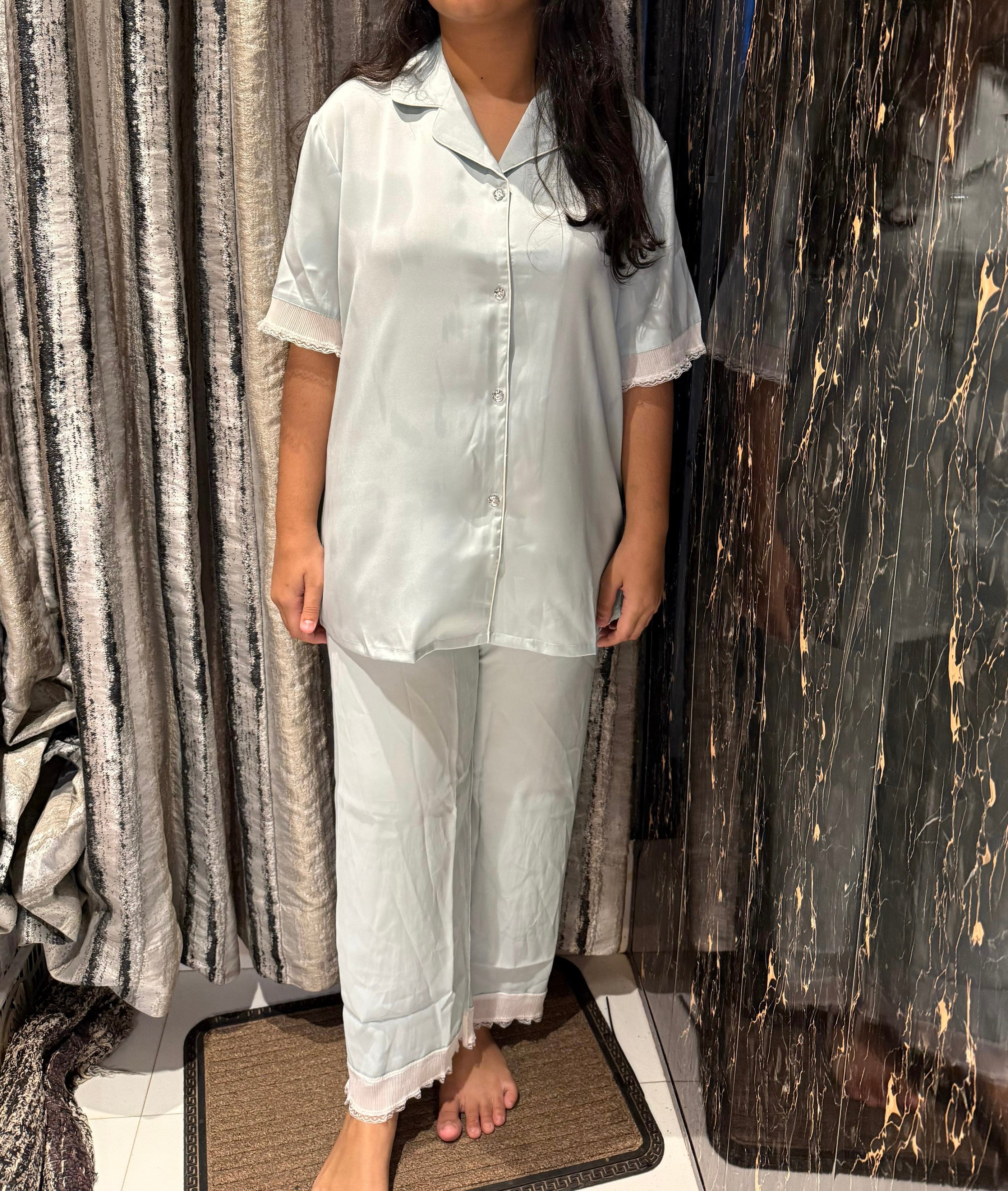 Light Blue Silk Nightsuit With Lace