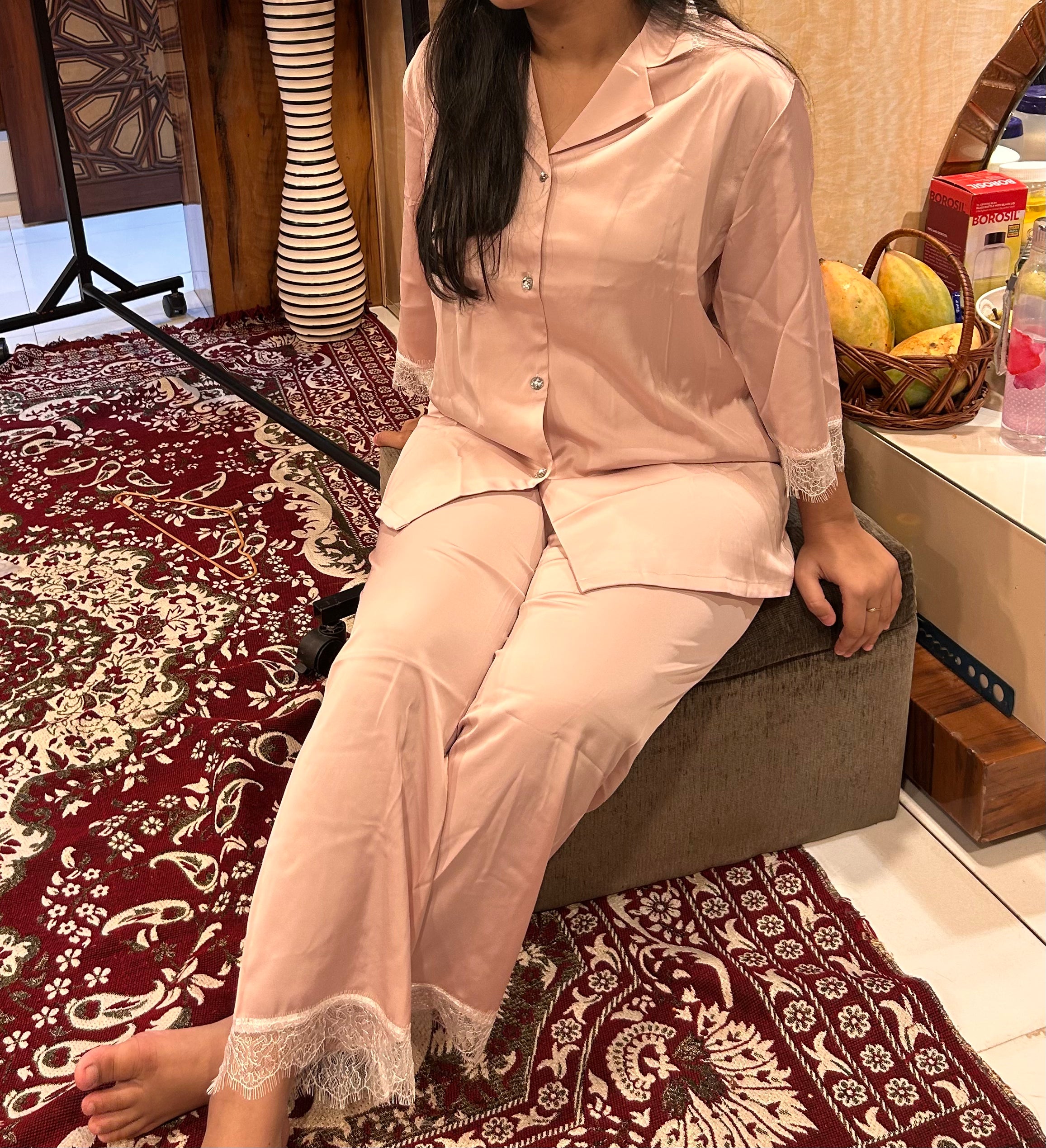 Pink Silk Nightsuit With Lace Detailing