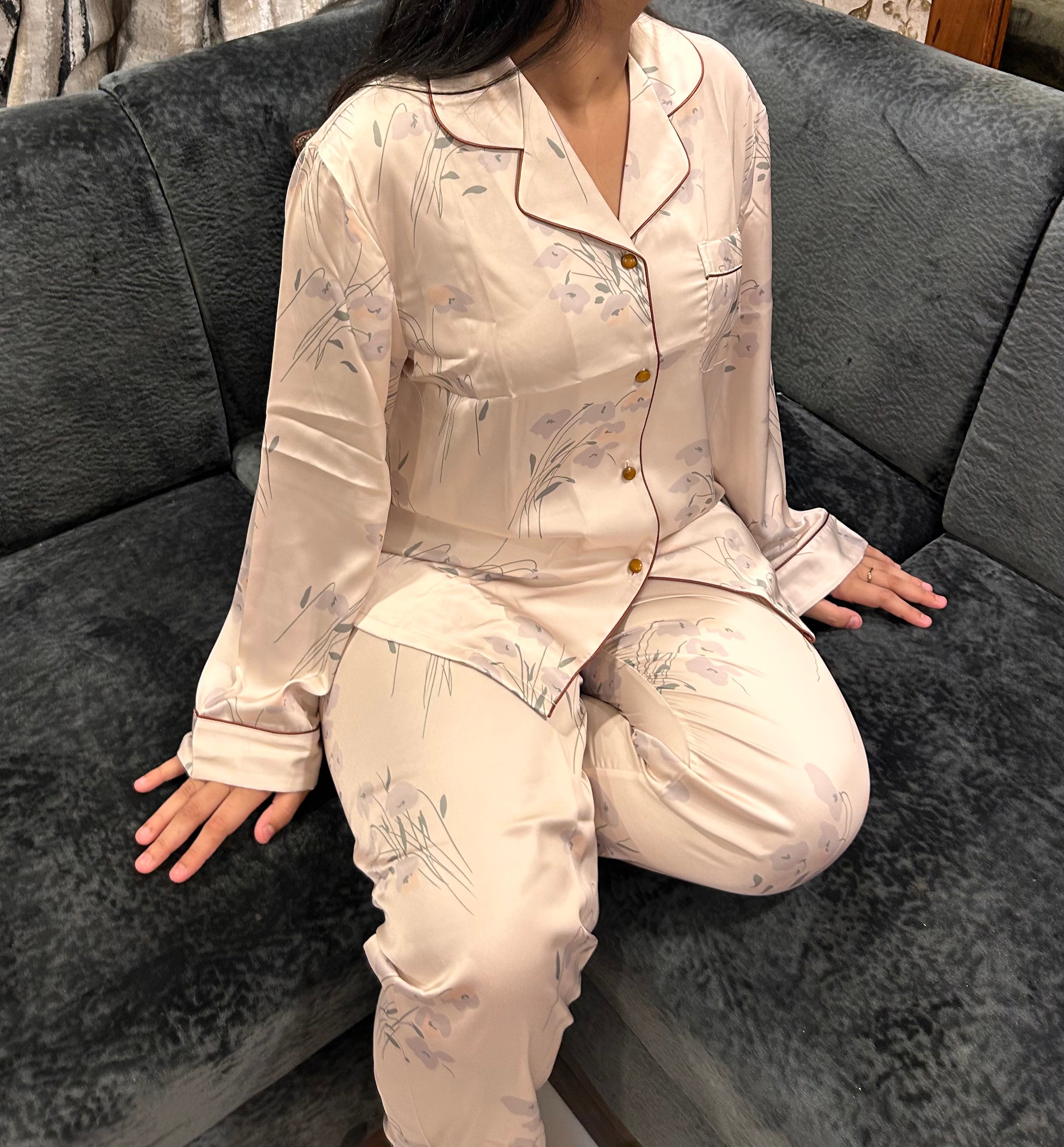 Beige Silk Nighsuit with Beige Piping