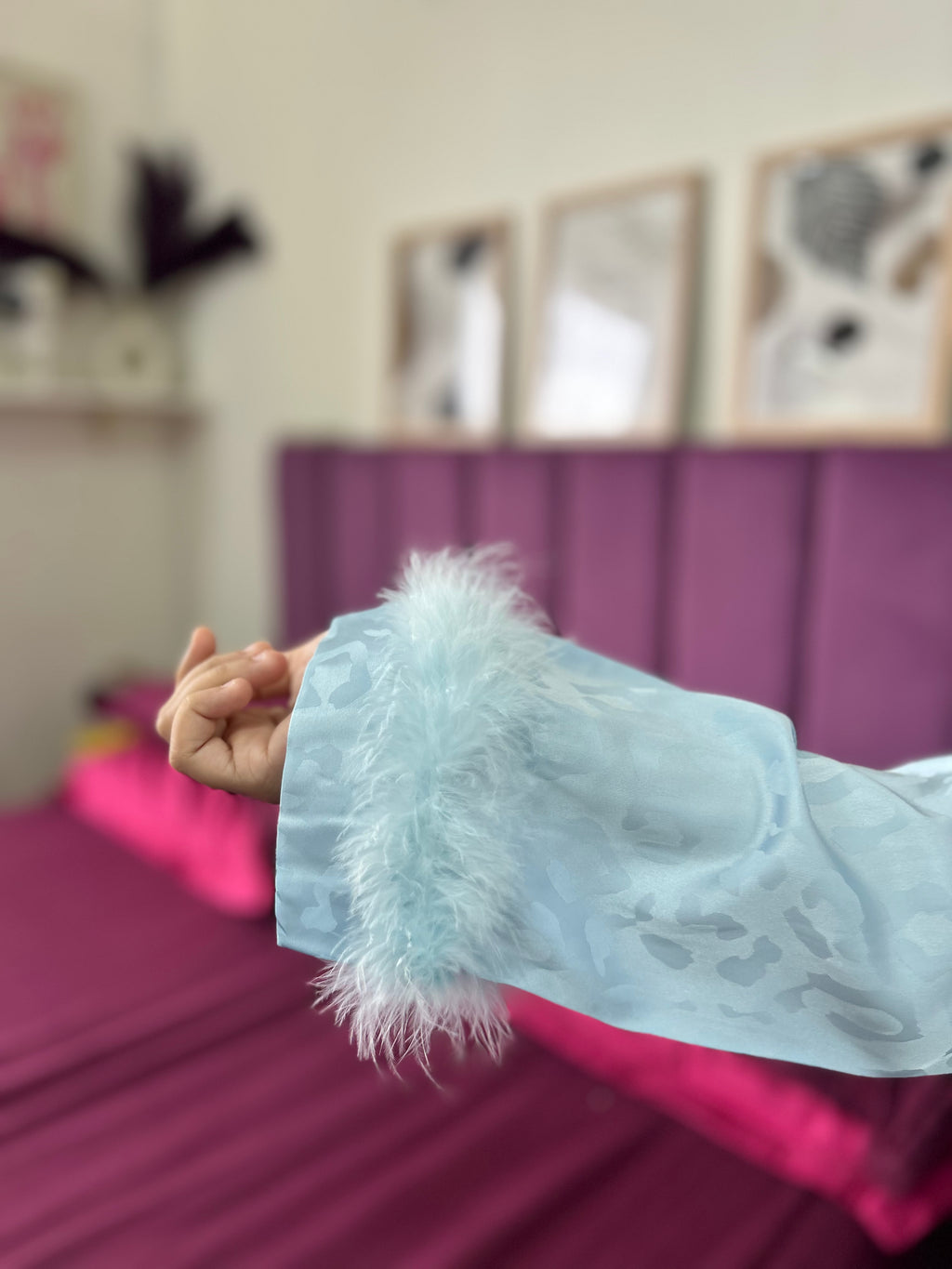 Blue Silk Nightsuit With Feather Detailing