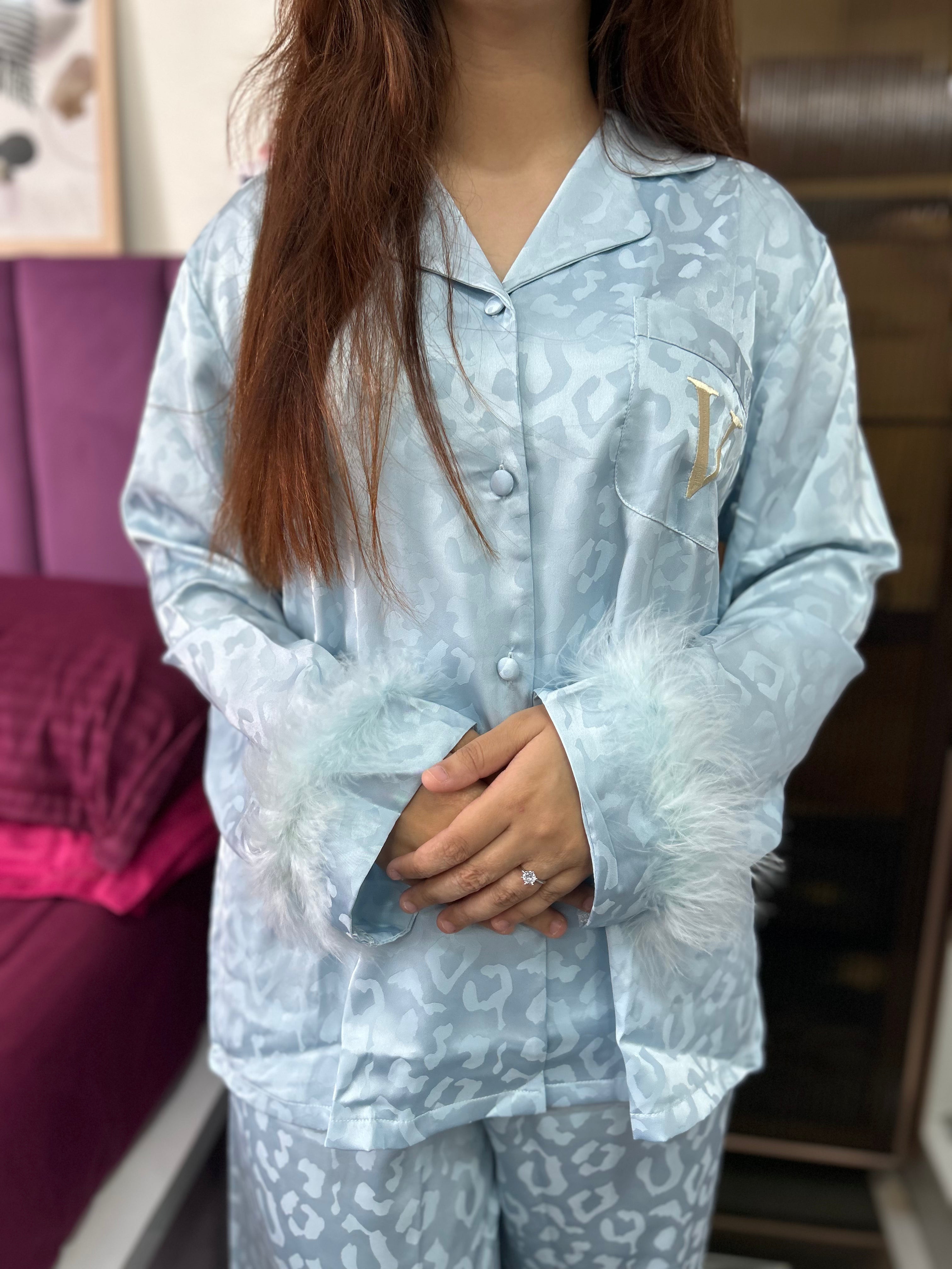 Blue Silk Nightsuit With Feather Detailing