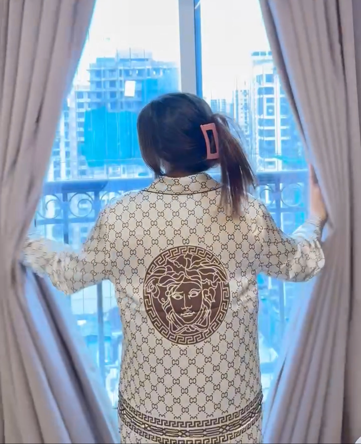 Beige Silk Nightsuit With Back Detailing