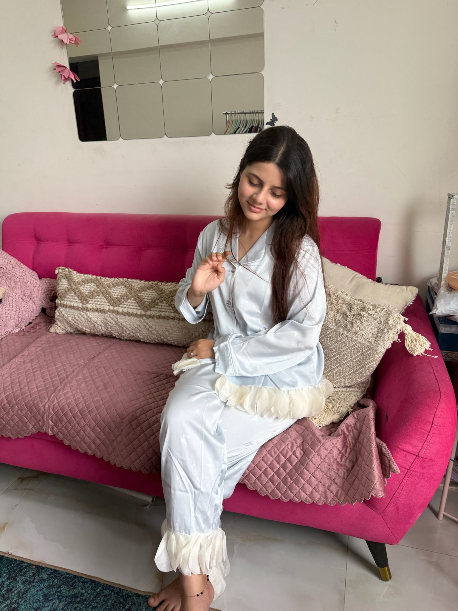 Light Blue Silk Nightsuit With Frill Sleeves