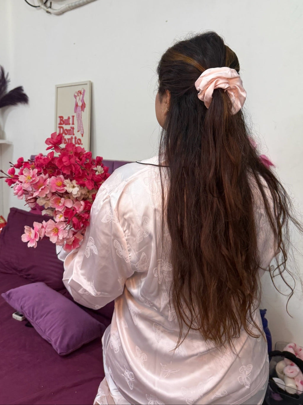 Pink Silk Nightsuit with scrunchie