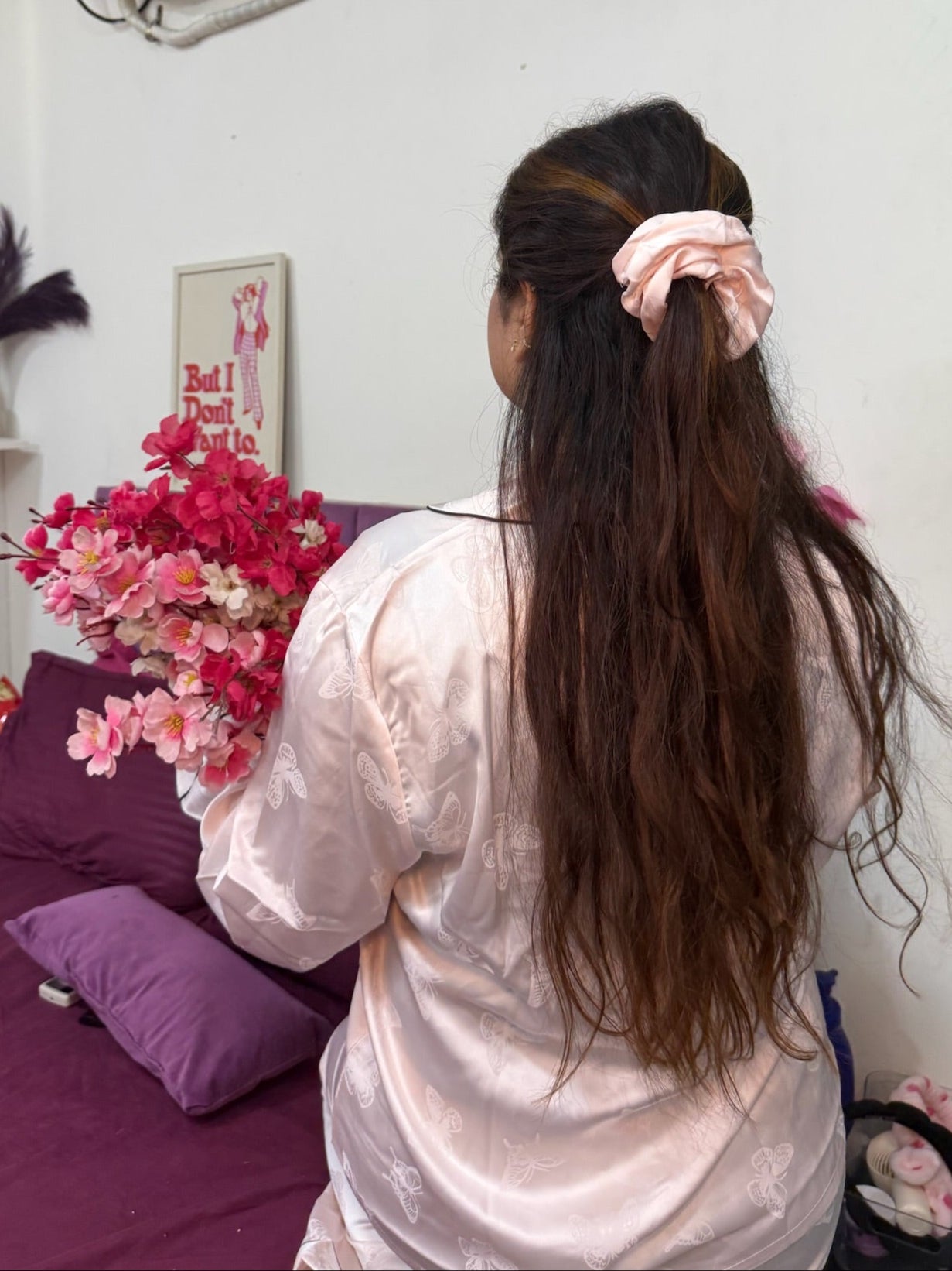 Pink Silk Nightsuit with scrunchie
