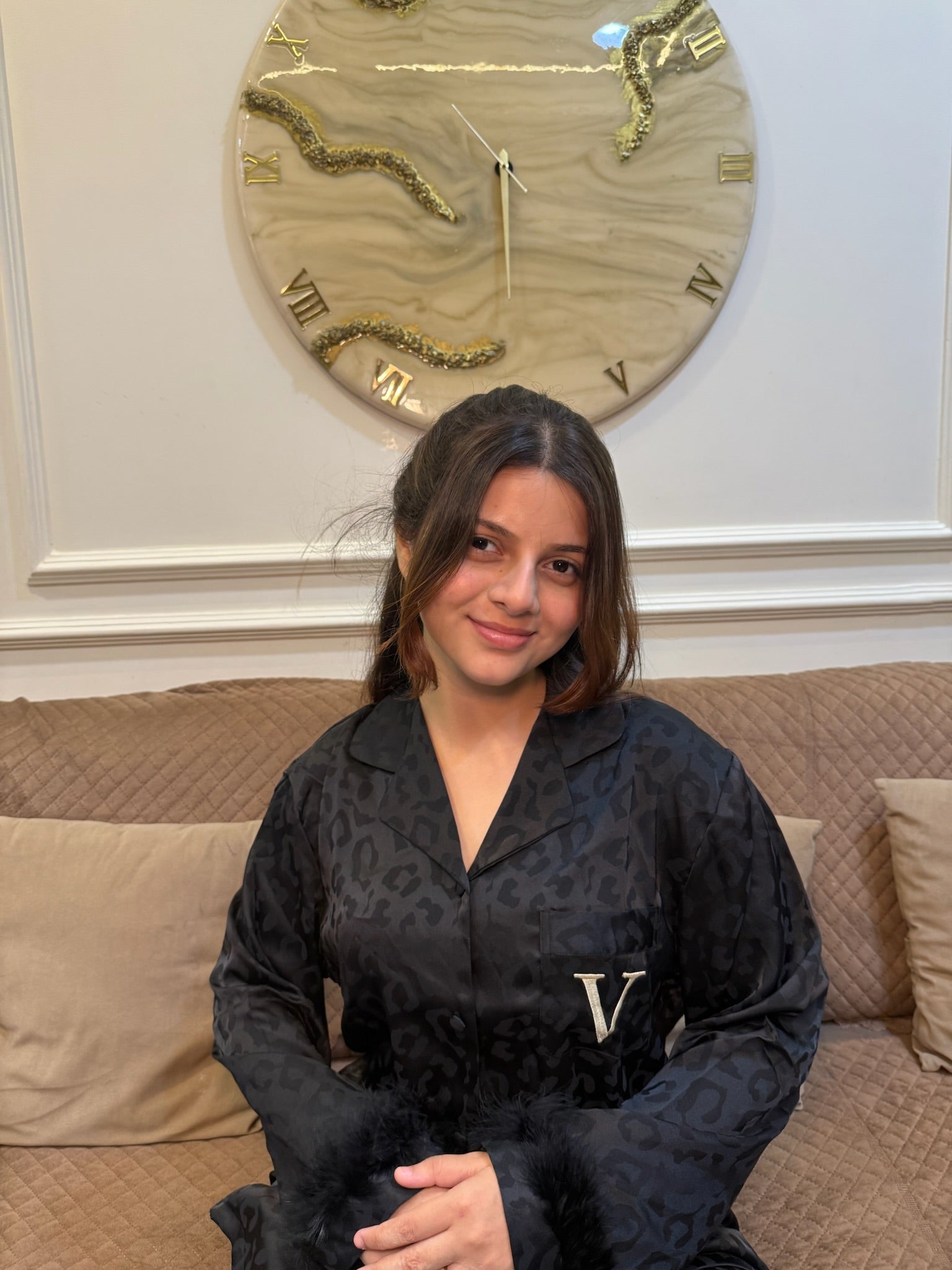 Black Silk Nightsuit With Feather Detailing