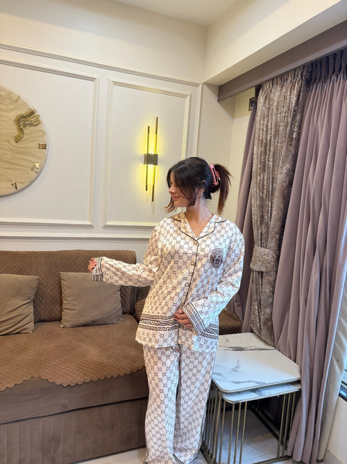 Beige Silk Nightsuit With Back Detailing