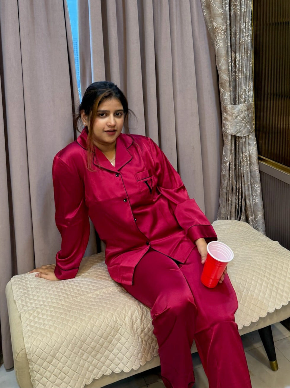 Red Premium Silk Nightsuit