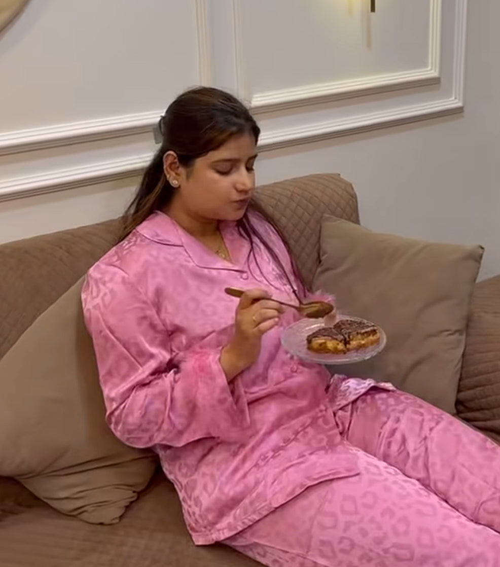 pink silk nightsuit with feather detailing